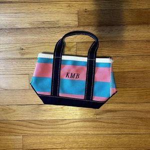 LL Bean Blue Pink Striped Mini Canvas Zip Top Bag - Monogramed